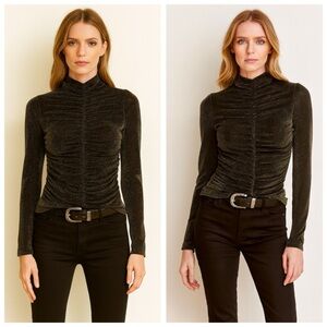 Nicole Miller Gold & Black Metallic High Neck Ruched Top, Semi-sheer sz. XS